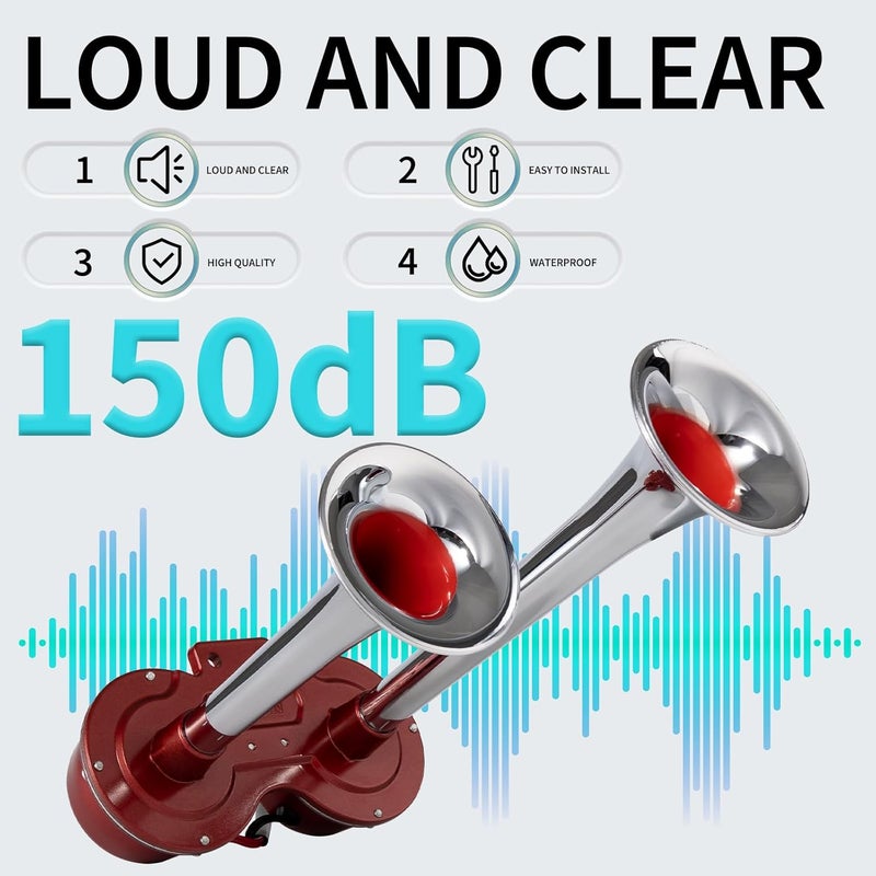 AOLIHAN بوق قطار 150DB للشاحنات، بوق كهربائي فائق الصوت 12V، بوق موضة مطور، بوق هوائي للشاحنات/SUV/فان/سيارة/دراجة نارية (بوق كهربائي أحمر 12V) - Image 3